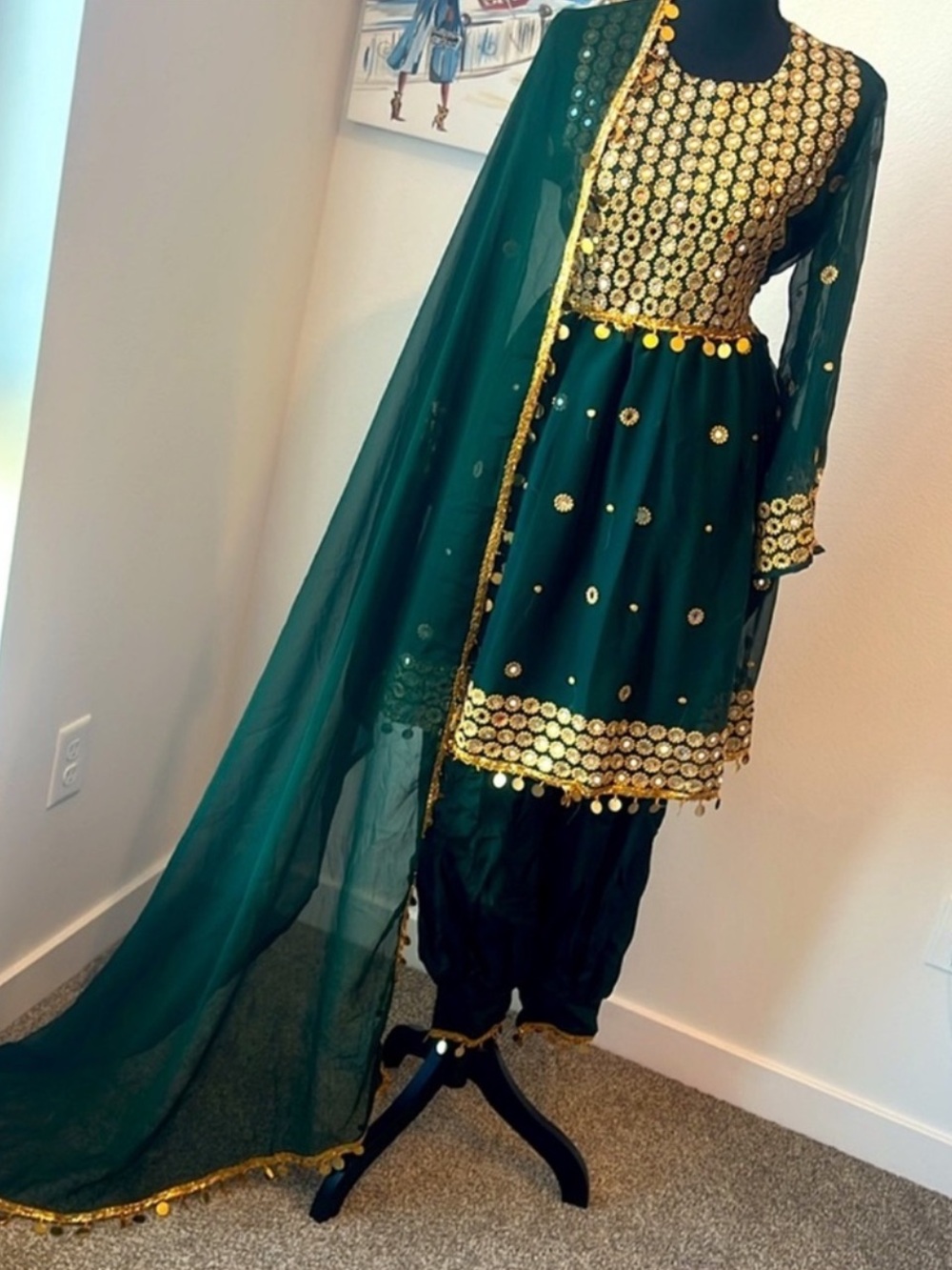 Chic Short Party Dress with Chador Gaach Trousers – 4 green Colors, Sizes M…